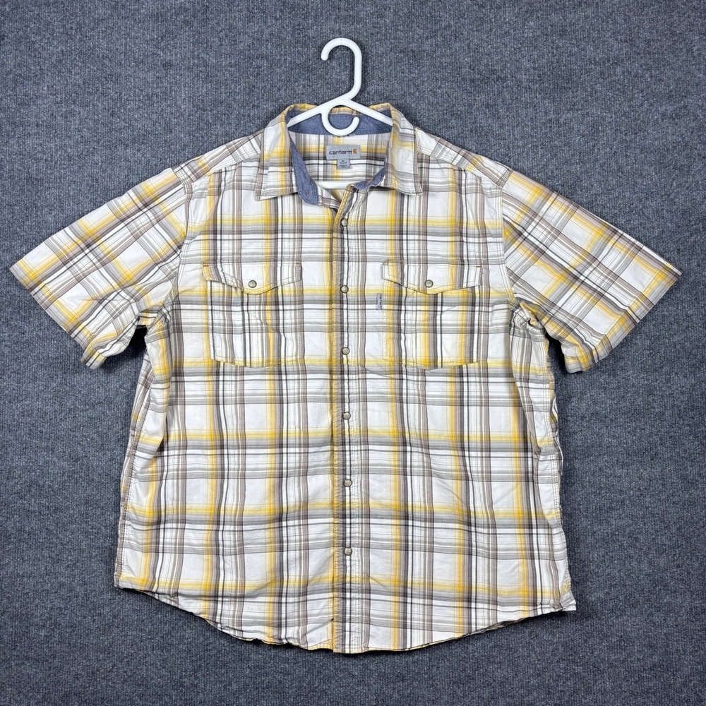 Carhartt Pearl Snap Shirt Mens XL Yellow Brown Plaid Short Sleeve Western Work